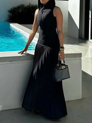 LIZAKOSHT  -  Female Fashion Black Color Bodycon Long Dress New Summer Sleeveless Split-Joint Pleated Club Elegant Party Dresses