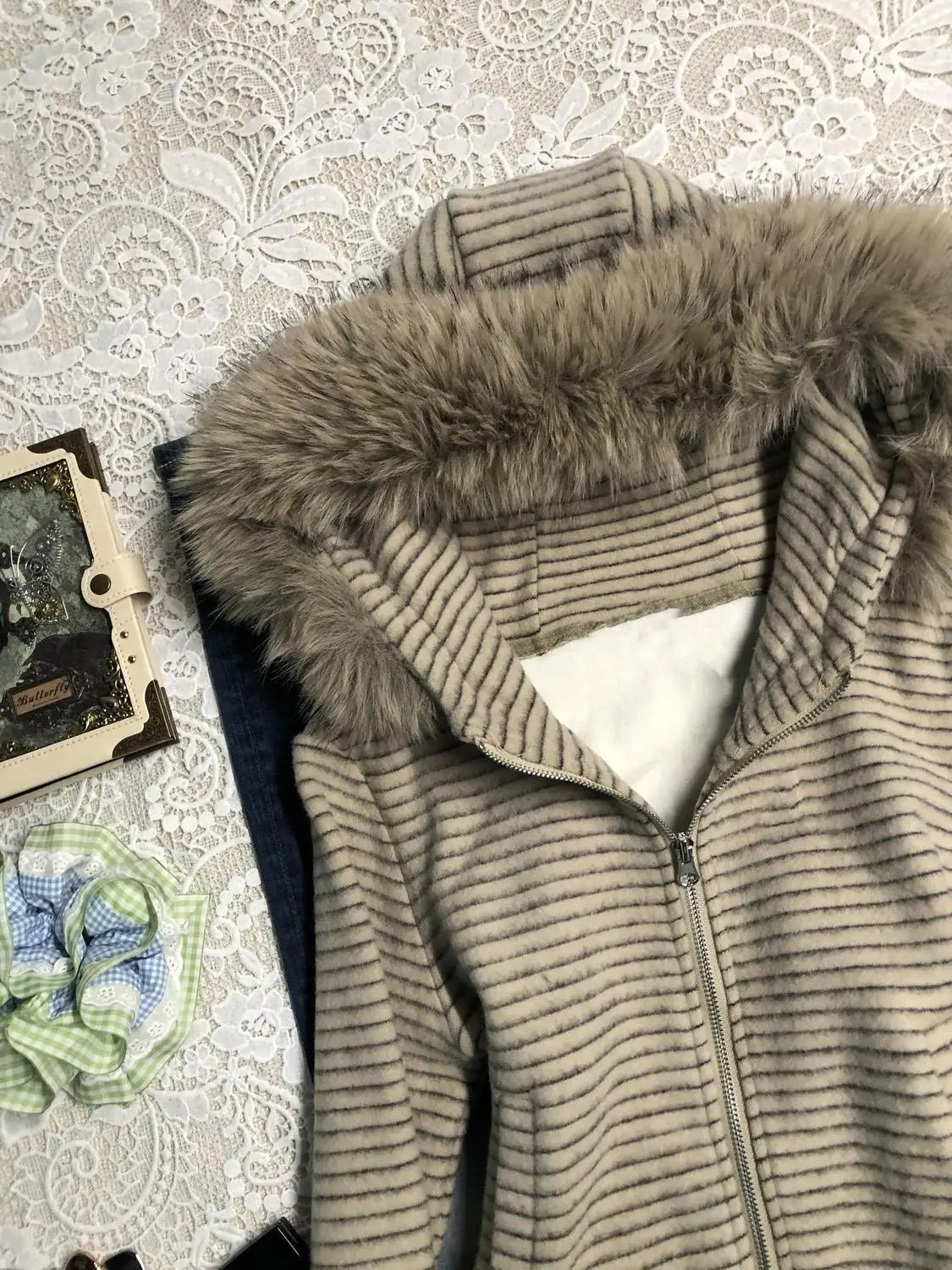 LIZAKOSHT  -  Punk Coat Y2k 2000s Vintage Faux Fur Collar Hoodie Zip-Up Woman Sweatshirts Goth Stripe Hot Girl Coat Winter Jackets Hip Hop Emo