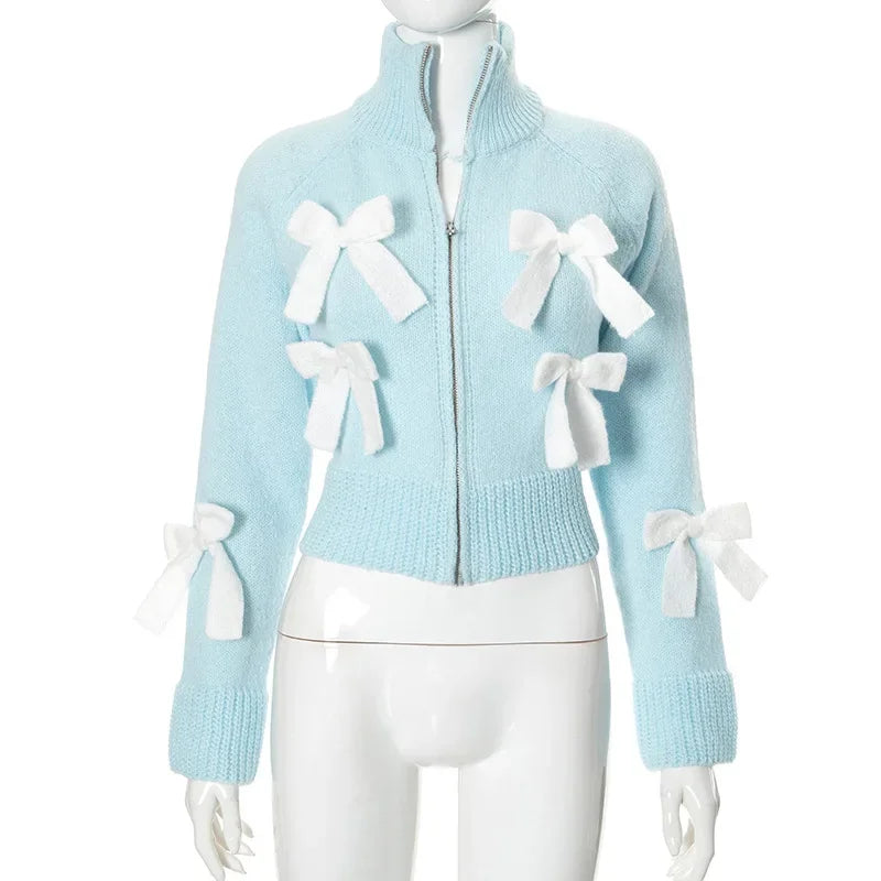 LIZAKOSHT  -  Autumn Splice Bows Sweater Knitted Cardigan For Women Stand-Up Collar Zipper Slim Short Sweater Top Long Sleeves Sweet