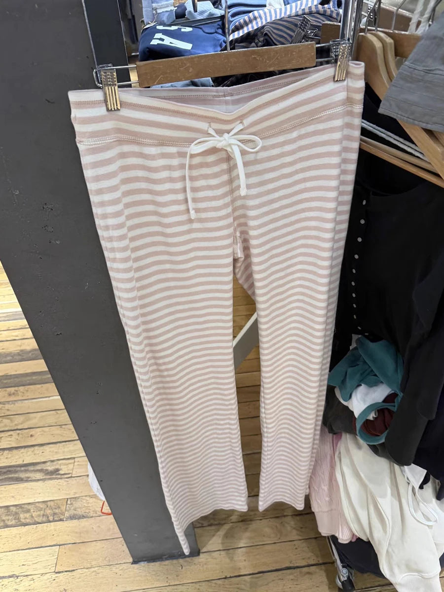 LIZAKOSHT  -  Pink Striped Cute Wide Leg Pants Women Autumn New Low Waist Drawstring Trousers Female Sweet Preppy Style Sport Sweatpants New