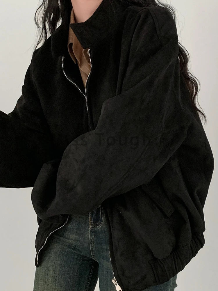 LIZAKOSHT  -  Autumn Winter Retro Warm Double Zipper Jacket Women Korea Chic Design Streetwear Loose Coat Y2k Oversize Fur Jacket Clothing New