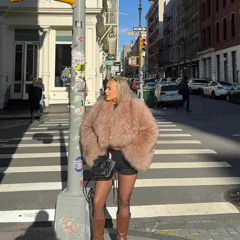 LIZAKOSHT  -  Women Solid Faux Fur Short Coat Elegant Long Sleeve Fluffy Loose Cropped Jacket Lady New Winter Warm High Street Outerwear 2025