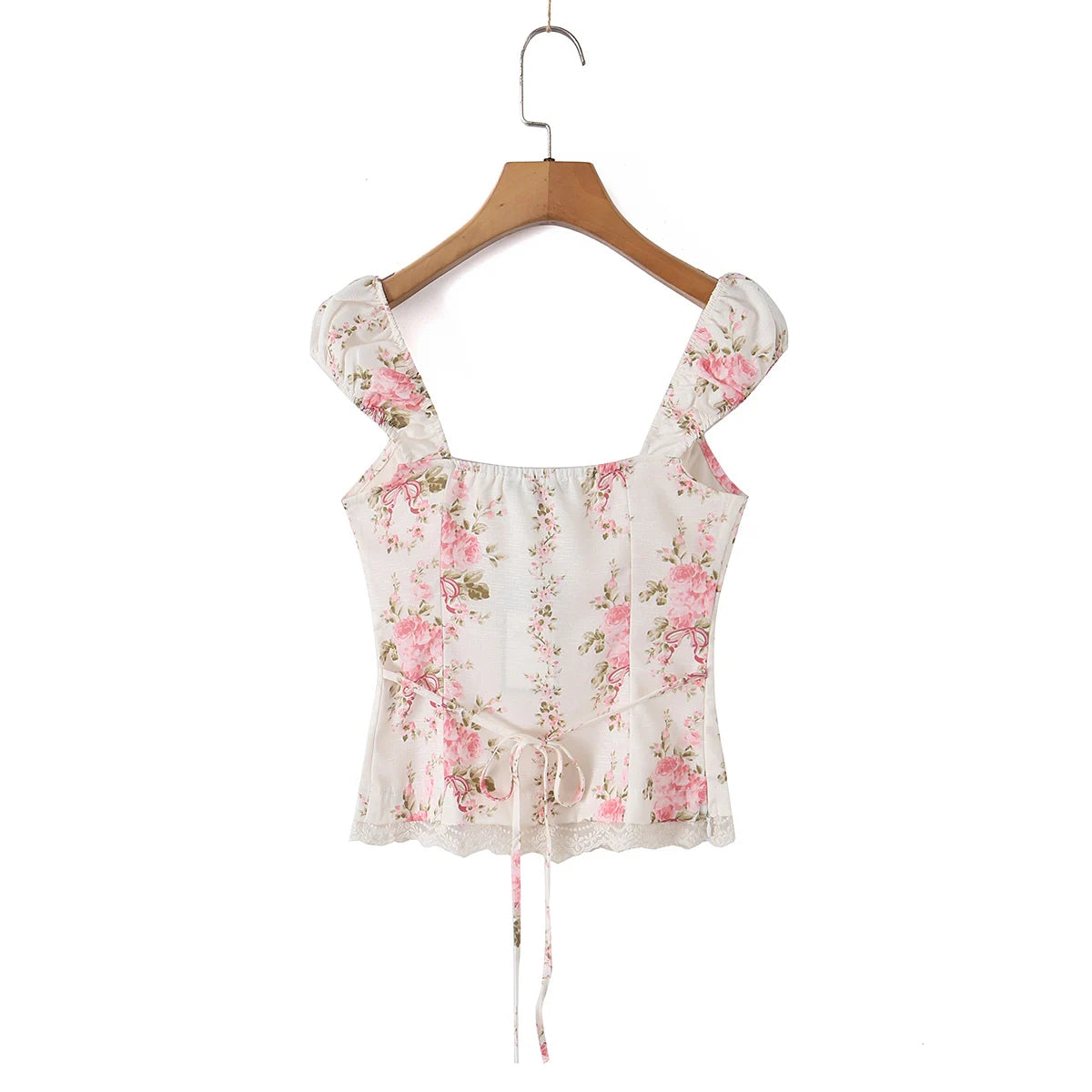 LIZAKOSHT  -  Sexy Pink Floral Print Bow Collar Elastic Strap Tank Top Slim Corset Women Lacing up Sashes Back Lace Hem Side Zipper Crop Vest