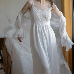 LIZAKOSHT  -  Women's Bathrobe Set Sexy Vintage Summer Mesh Fairy Ladies Nightgown Solid Thin Princess Style Night Dress for Female 2024