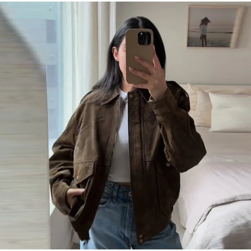 LIZAKOSHT  -  Casual Brown Women Coat Elegant Lapel Zippers Button Big Pocket Female Jacket 2025 Spring Autumn Elegant Lady Streetwear