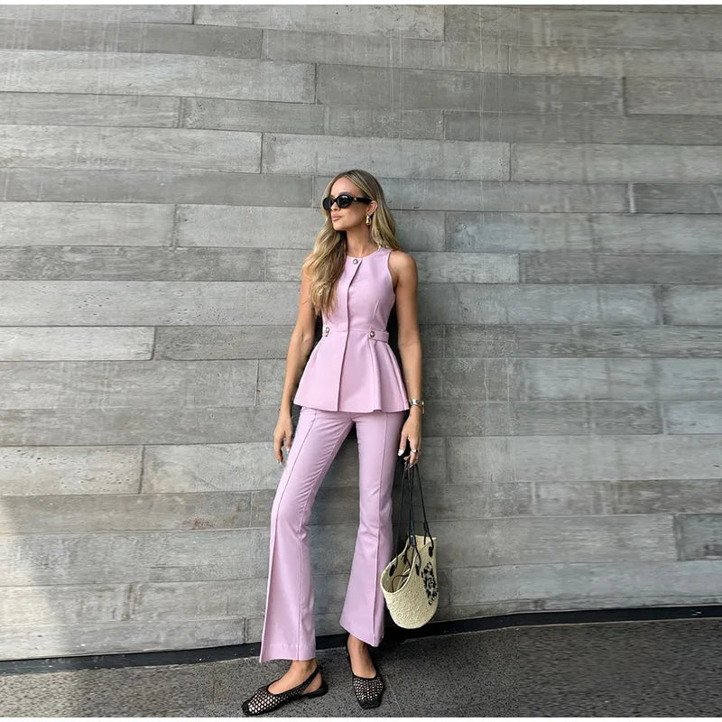 LIZAKOSHT  -  Elegant O-neck Pin Top Pant 2 Piece Sets Women Fashion Sleeveless Waist Cinching Top Straight Pants Suit Lady Summer Chic Set
