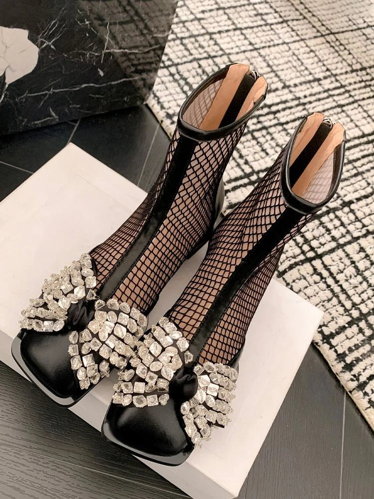 LIZAKOSHT -  Footwear Rhinestone Women's Ankle Boots Mesh Booties Elegant with Low Heels Short Shoes for Woman Sandals Comfortable Boot Sale