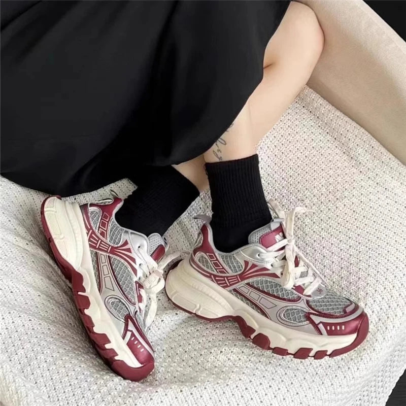 LIZAKOSHT  -  Fashion Design Mixed Color Patchwork Round Toe Women Sneakers Thick Sole Chunky Heels Lace Up Running Trainer New Western Shoes