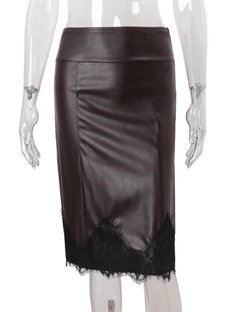 LIZAKOSHT  -  Patchwork PU Leather Lace Women Skirt Brown High Waist Mini Skirt Female Autumn Winter New Elegant Party Streetwear