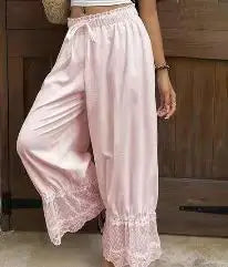 LIZAKOSHT  -  Chic Lace Patchwork Elastic Waist Trouser Women Casual High-waisted Lace Up Loose Wide-leg Ninth Pants Lady Street Outwear