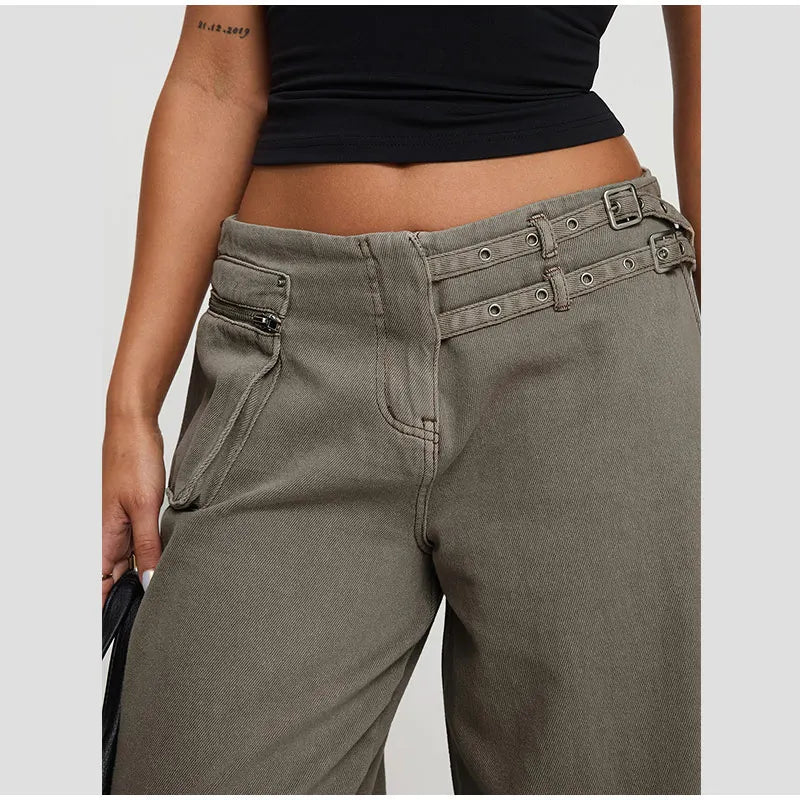 LIZAKOSHT  -  Street Belt Women Jeans Mid Waist Wide Leg Pockets Loose Female Denim Pants Autumn New Fashion All-match Lady Trousers