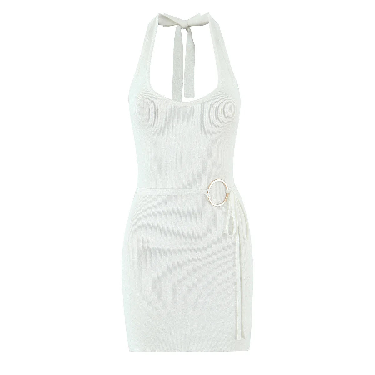 LIZAKOSHT  -  Sexy Halter Lace Up Backless Tank Mini Dress Women Sleeveless Buckle Bodycon Short Sundress 2025 Summer Beach Fairy Grunge Robe