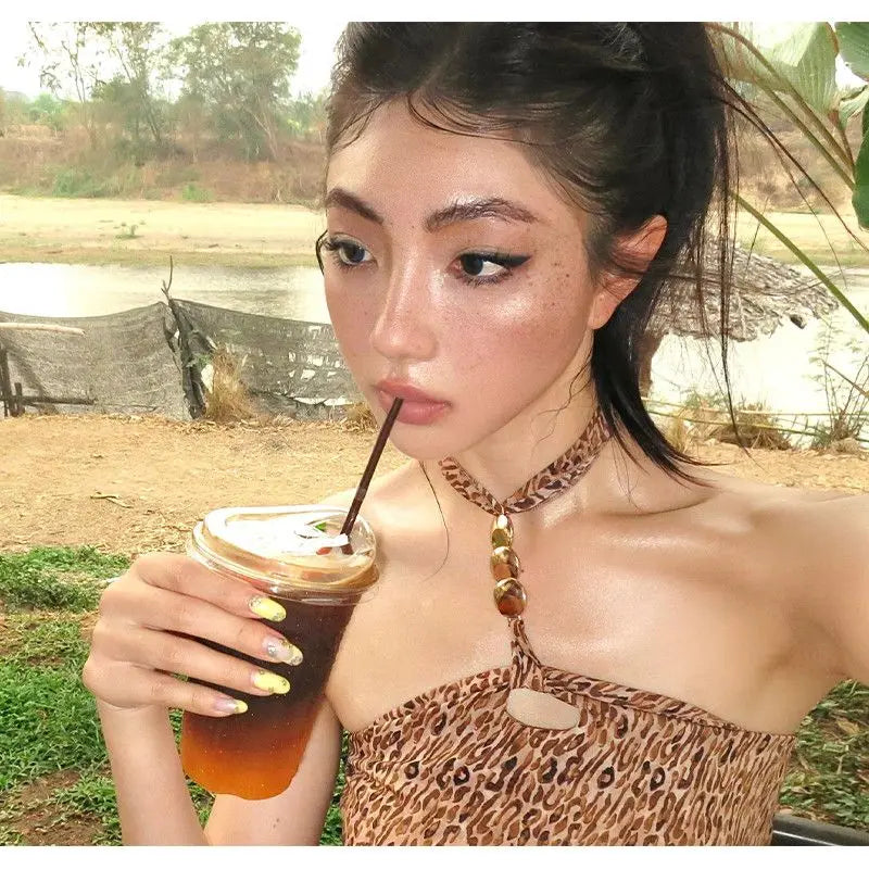 LIZAKOSHT  -  Chic American Outdoor Vintage Halter Sleeveless Tank Tops Y2k Aesthetic Harajuku Leopard Print Sexy Camisole Summer Punk Tops