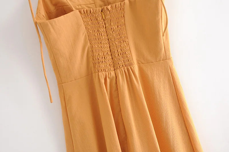LIZAKOSHT  -  Sexy Solid Yellow Corset Style Bow Lacing up Strap Sling Dress Retro French Style Women Hem Slit Midi Long Dresses Holiday Robe