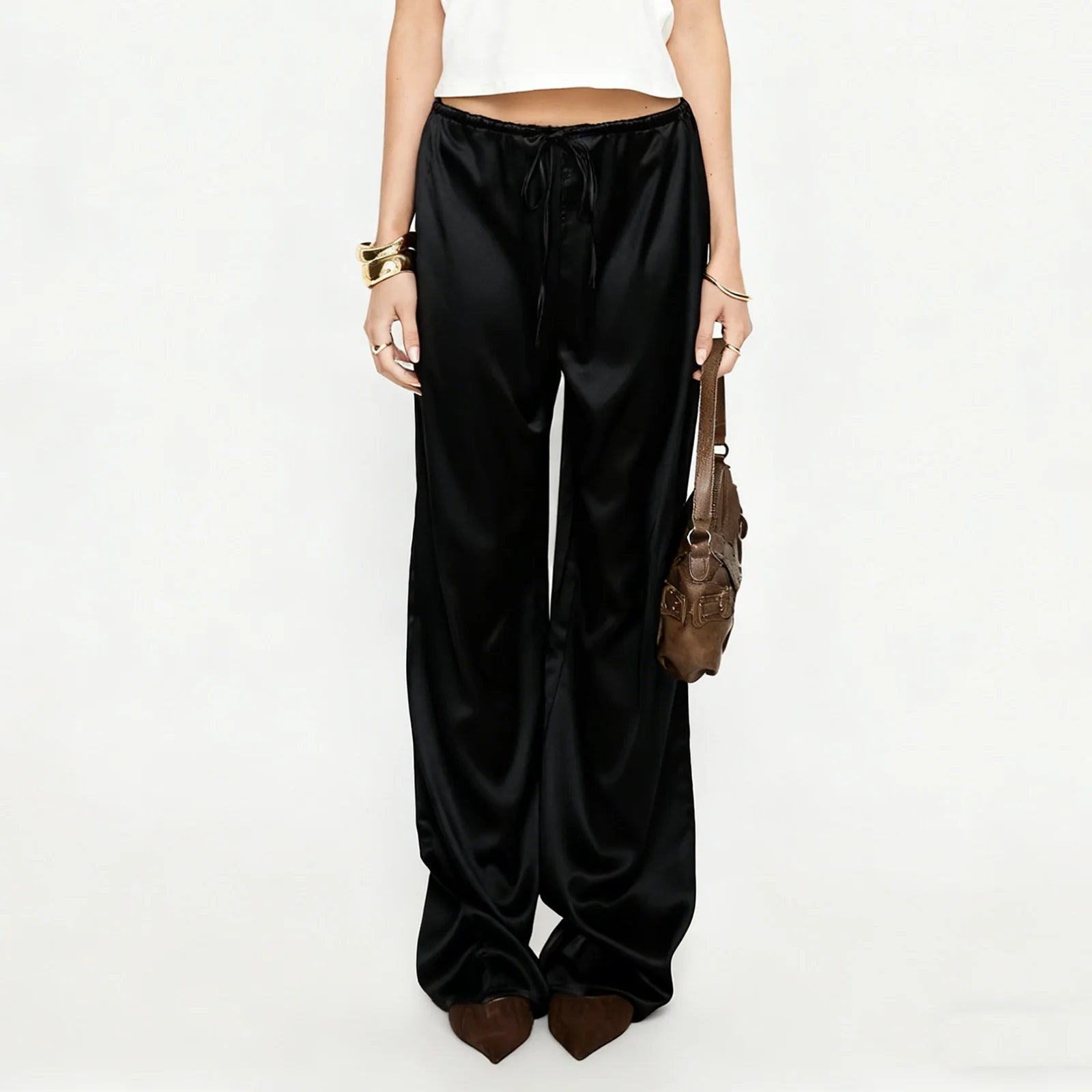LIZAKOSHT  -  Women Satin Wide Leg Dress Pants Silk Casual Dressy Long Flowy Pants Elastic High Waisted Trousers