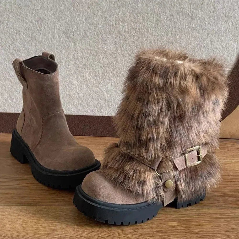 LIZAKOSHT  -  Chunky Heel Winter 2 ways to wear Leisure Cowboy Boots Women Vintage y2k Faux Fur Snow Boots Belt Buckle Black Ankle Boots Shoes