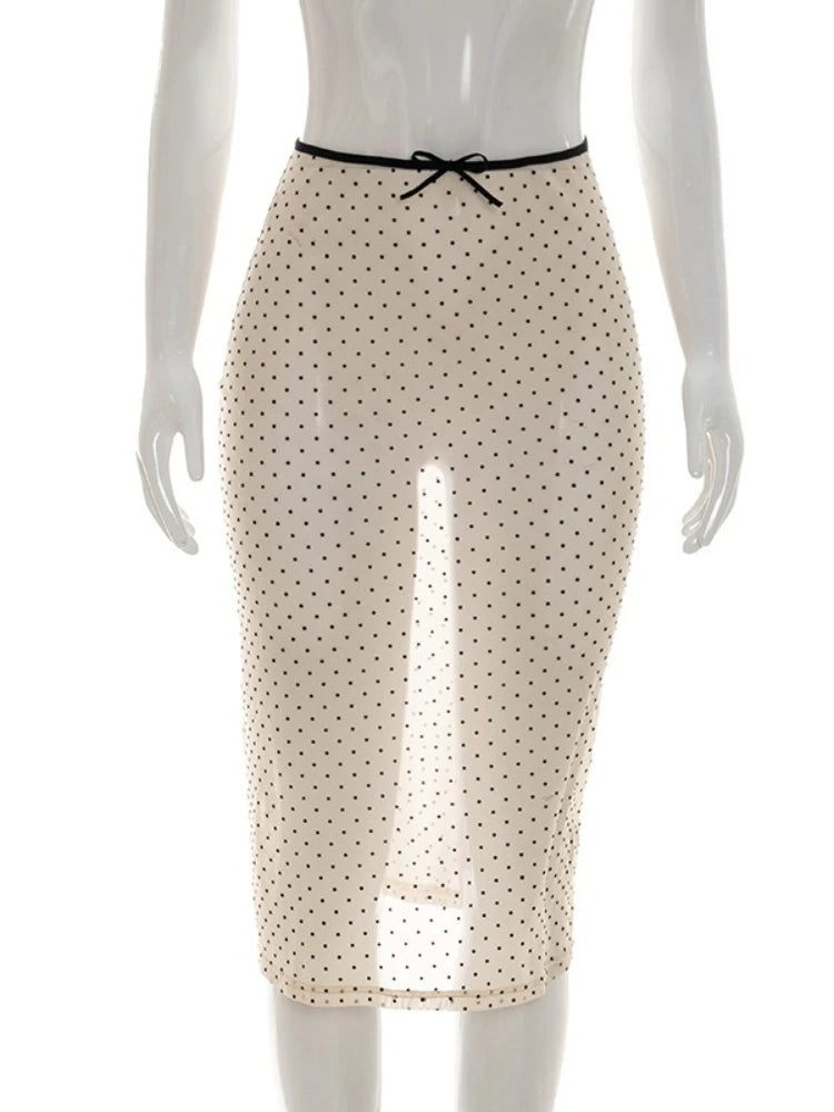 LIZAKOSHT  -  Sexy Polka Dot Print Mesh Skirts Summer Women See-through Midi Skirt Evening Party Club Outfit Ladies Apricot Dress