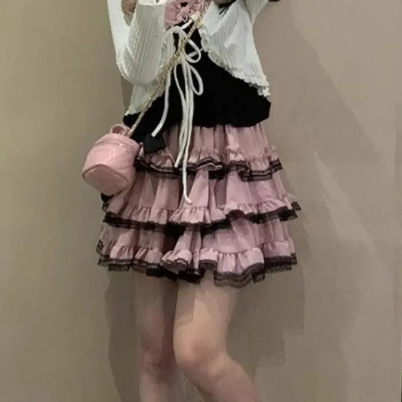 LIZAKOSHT  -  Harajuku Sweet Lolita A-line Skirt for Women Y2k High Waist Ruched Lace Cake Skirts Summer New Pink Faldas Mujer
