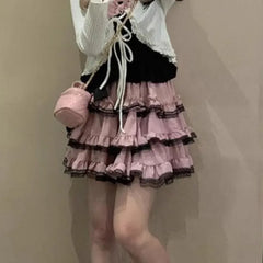 LIZAKOSHT  -  Harajuku Sweet Lolita A-line Skirt for Women Y2k High Waist Ruched Lace Cake Skirts Summer New Pink Faldas Mujer