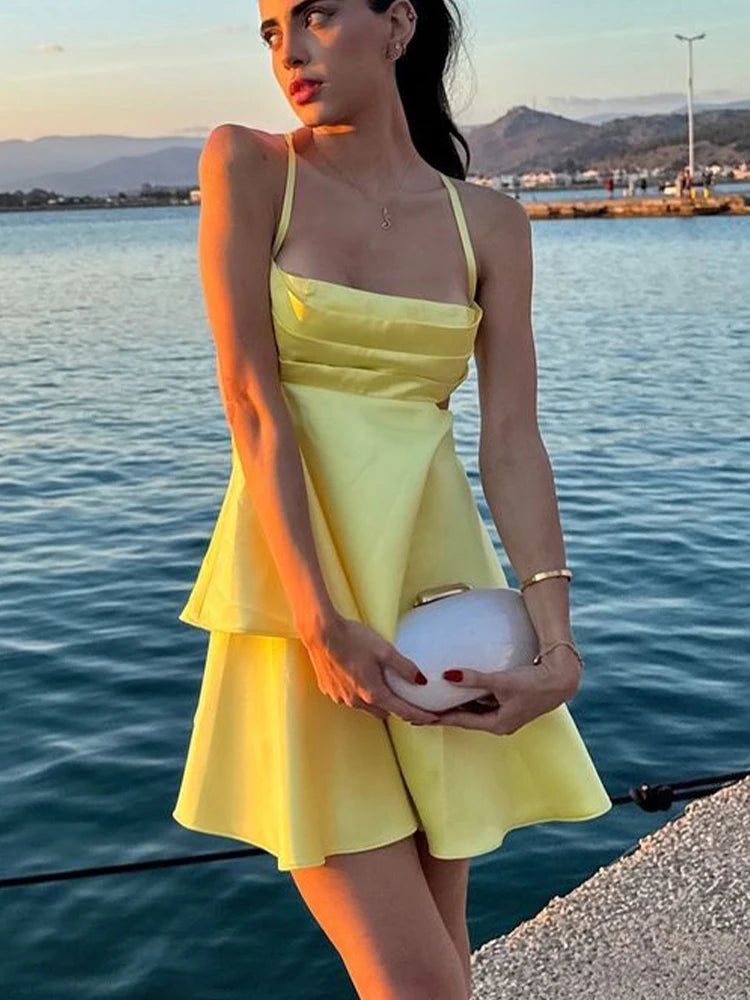 LIZAKOSHT  -  Sexy Yellow Satin Women Mini Dress Fashion Backless Sleeveless Pleated A-line Dresses 2024 Summer Lady Party Evening Robes