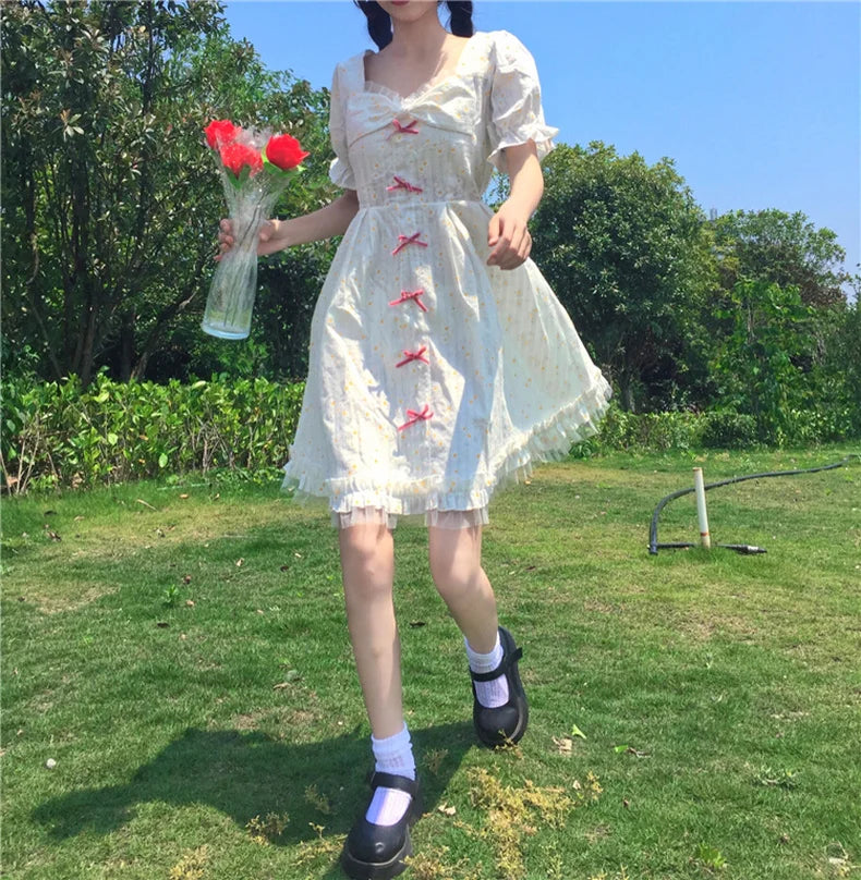 LIZAKOSHT  -  Summer Dress New Japanese Girl Style  Fresh Square Collar Small Daisy Bubble Sleeve High Waist Dress Victorian Kawaii Girl