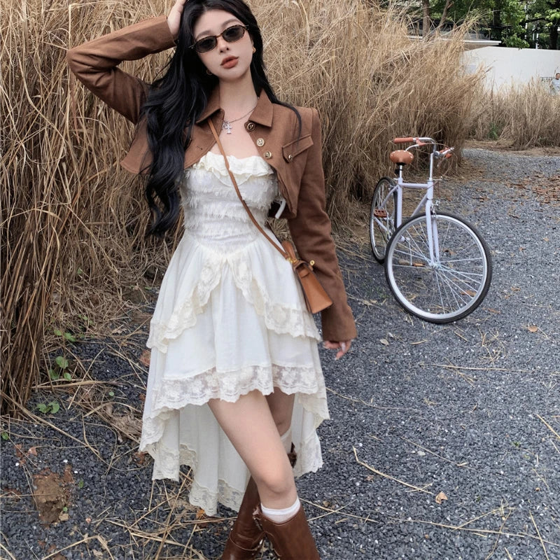 LIZAKOSHT  -  Autumn New Korean Lace Splicing Irregular Sexy Solid Color Sling Dress Women + Casual Long-sleeved Jacket Two-piece Suit