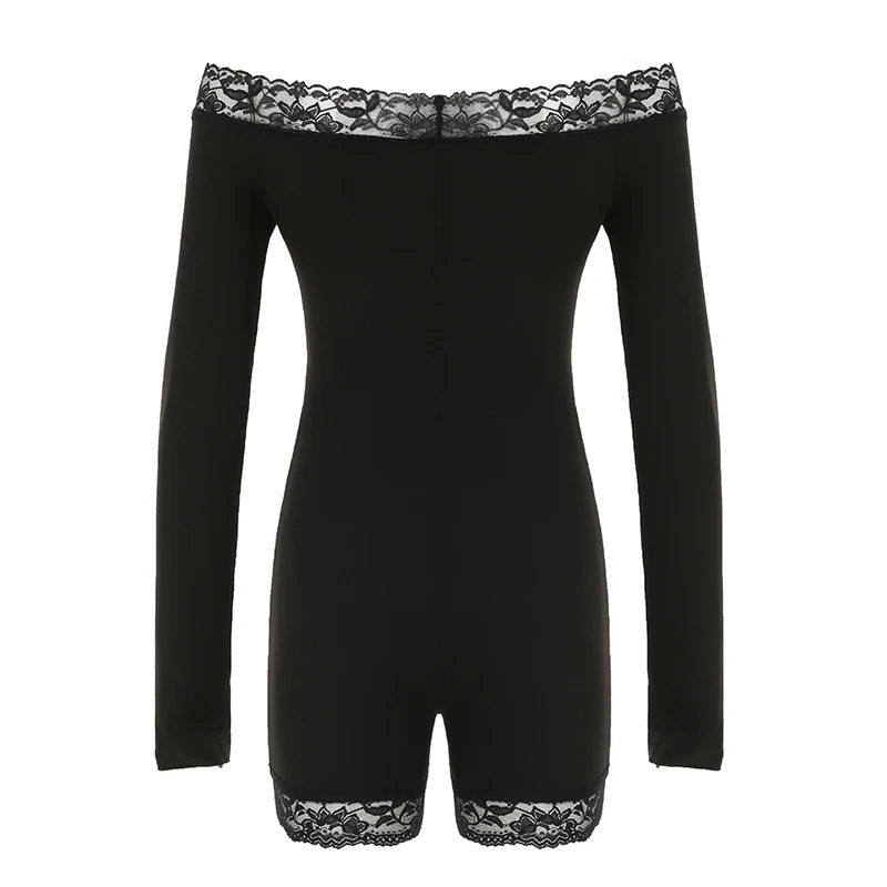 LIZAKOSHT  -  Sweetown Slim Black Lace Trim Playsuit Women Sexy Comfortable Long Sleeve Classical Rompers 2024s New Chic