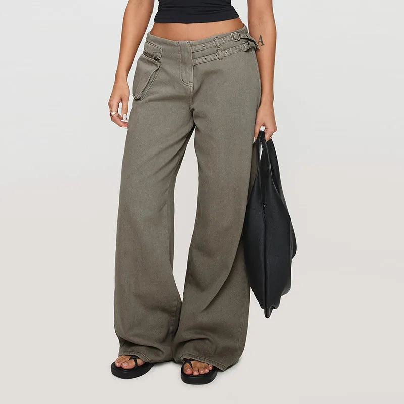 LIZAKOSHT  -  Street Belt Women Jeans Mid Waist Wide Leg Pockets Loose Female Denim Pants Autumn New Fashion All-match Lady Trousers