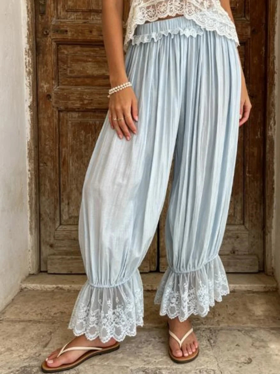 LIZAKOSHT  -  Coquette Aesthetic Bloomer Pants Women Sexy Lace Trim Ruffle Harem Pants Cute Balletcore Drawstring Loose Wide Leg Trousers