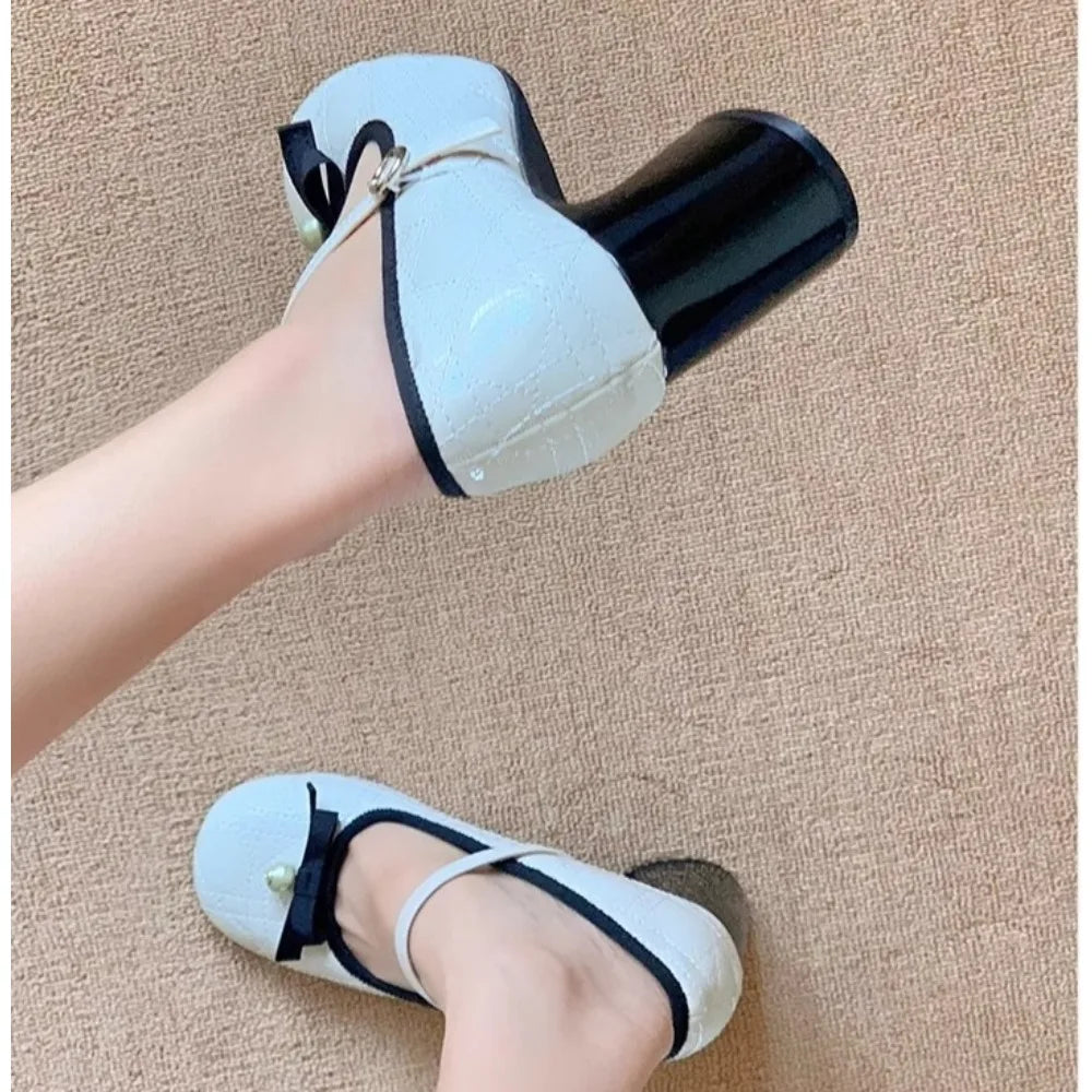 LIZAKOSHT  -  New Thick Heel Mary Jane Shoes Women's Spring Light Mouth High Heels Bow Single Shoes Elegant Pearl Embellished Heels Pumps