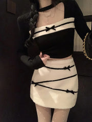 LIZAKOSHT  -  Women Sexy Two Piece Sets Fall Winter Long Sleeve Hollow Out Patchwork Cropped Tops Fashion Bow Striped Hotsweet Sexy Mini Skirt