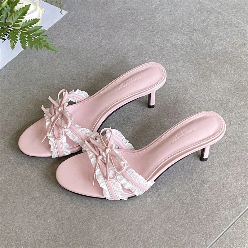 LIZAKOSHT  -  Summer Elegant Butterflykont Lace Edge Woman Slippers Fashion Thin High Heels Female Shoes Slides Zapatos De Mujer