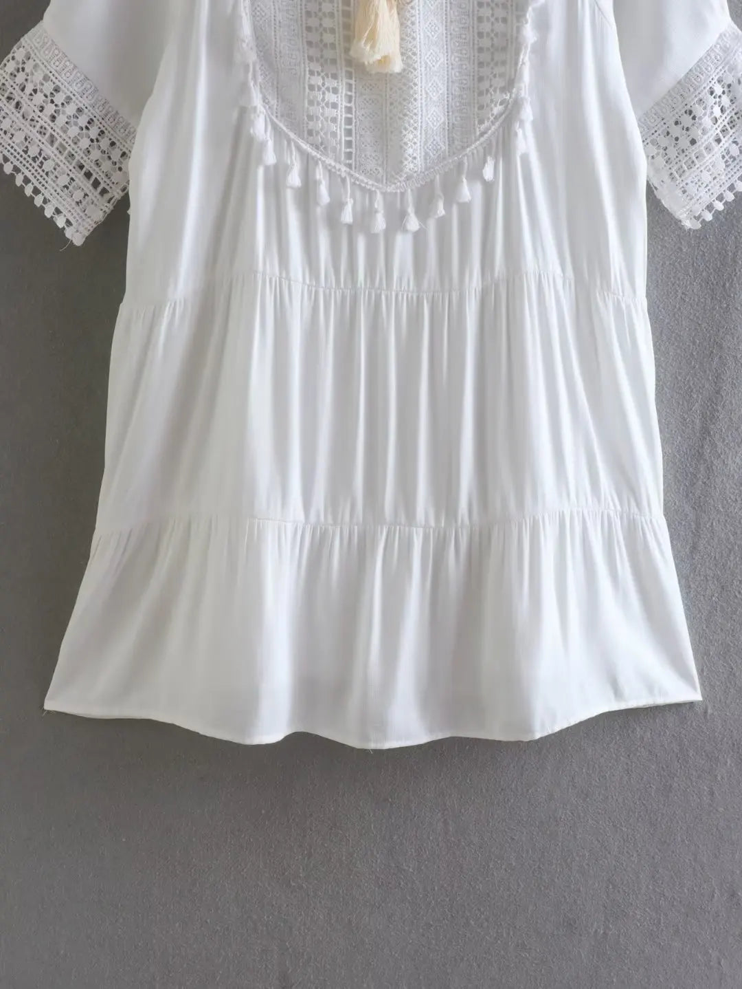 LIZAKOSHT  -  White Short Sleeve Lace Dress for Women Robe Casual Lace Up Tassel O-neck Mini Dresses Summer Boho Beach Wear Vestidos