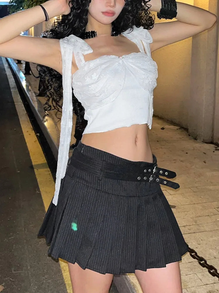 LIZAKOSHT  -  Y2k Aesthetics Lace Patchwork Tank Tops Sweet Bandage Harajuku Crop Vest Streetwear 3D Flower Slim Fit Grunge White E-girl Tanks