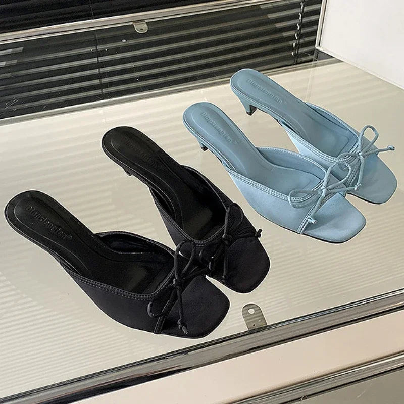 LIZAKOSHT  -  Fashion Kitten Heel Slippers for Women Satin Bow Concise Comfort Slides Female Summer New Low Heel Open Toe Mules Sandals Women