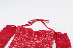 LIZAKOSHT  -  Women Sexy Red See Through Mini Lace Dress Strapless Off Shoulder Long Sleeve Lace Up Halter Backless Birthday Club Party Outfit