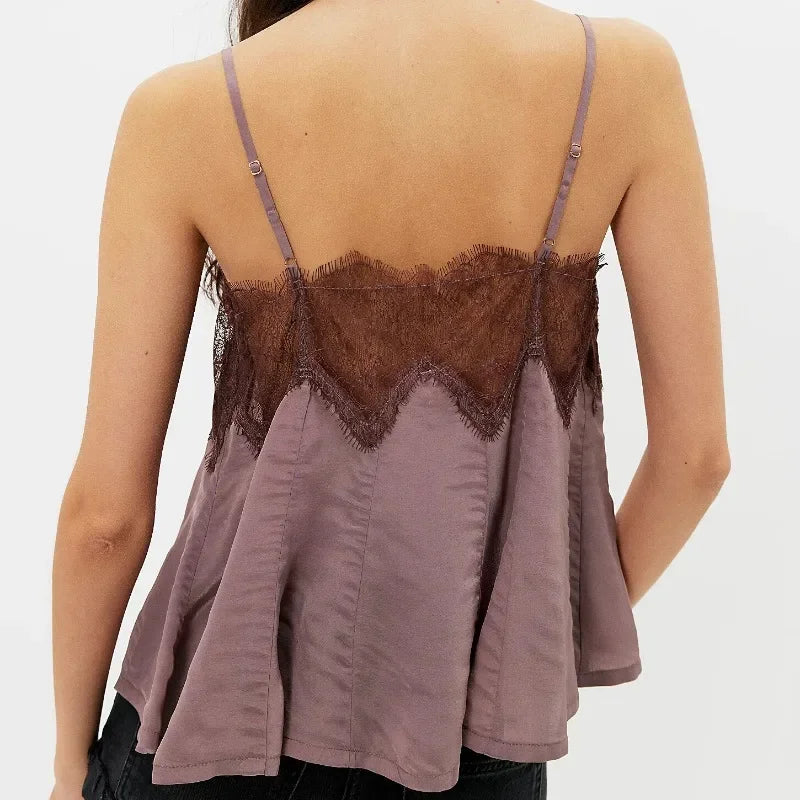 LIZAKOSHT  -  Summer Women Sleeveless Cami Top, Contrast Spliced Lace Edge Spaghetti Strap Tee for Daily Casual Wear