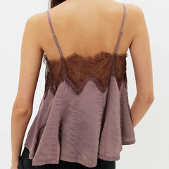LIZAKOSHT  -  Summer Women Sleeveless Cami Top, Contrast Spliced Lace Edge Spaghetti Strap Tee for Daily Casual Wear