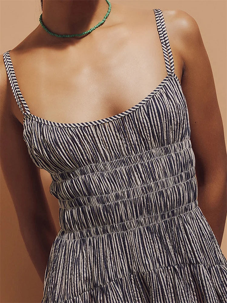 LIZAKOSHT  -  Women Ruched Dresses Striped Print Spaghetti Strap Sleeveless Backless Tie-Up A-line Dress with Pockets Vestidos