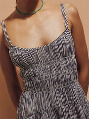 LIZAKOSHT  -  Women Ruched Dresses Striped Print Spaghetti Strap Sleeveless Backless Tie-Up A-line Dress with Pockets Vestidos