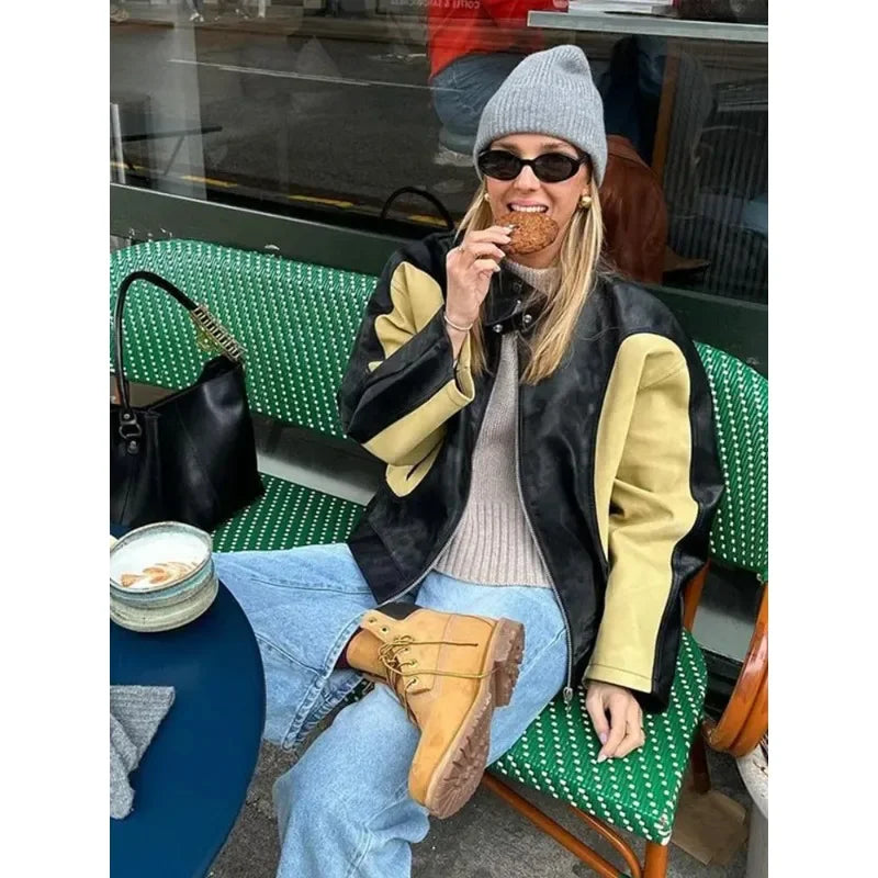 LIZAKOSHT  -  Vintage Patchwork Women's Leather Jacket Loose O-neck Long Sleeve Zipper Moto Biker Coats Autumn Lady Contrast Outwear Y2K