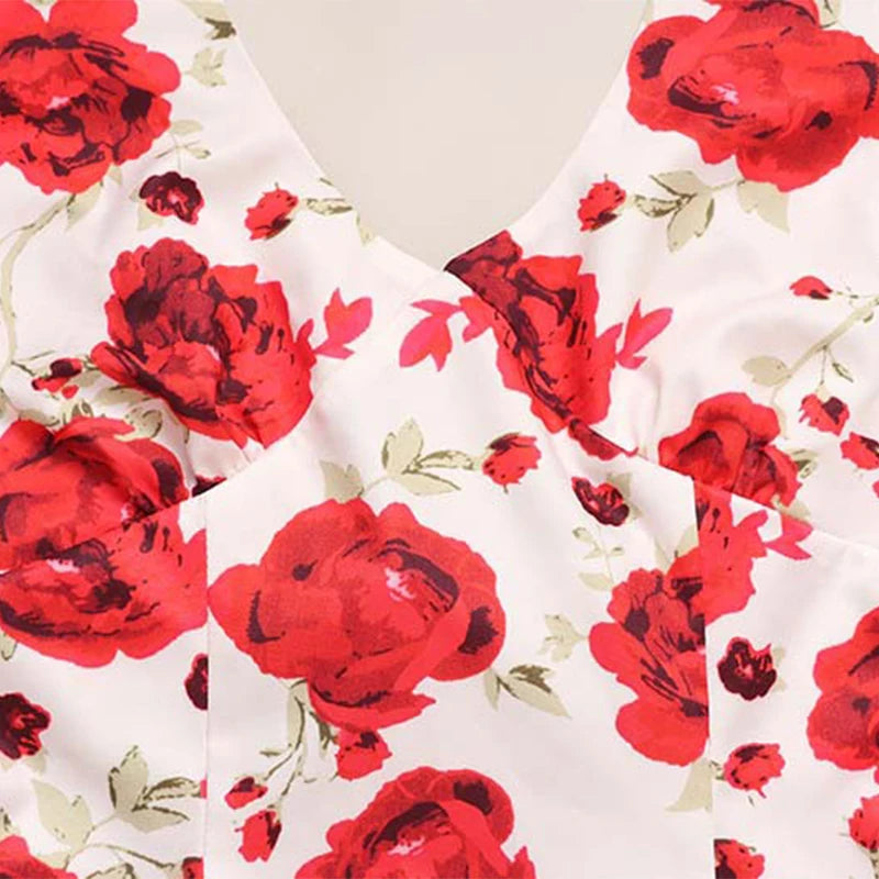 LIZAKOSHT  -  Sexy Sweet Rose Printed Halter V Neck High Waisted Sleeveless Backless A-line Short Dresses Chic Vintage Holiday Streetwear