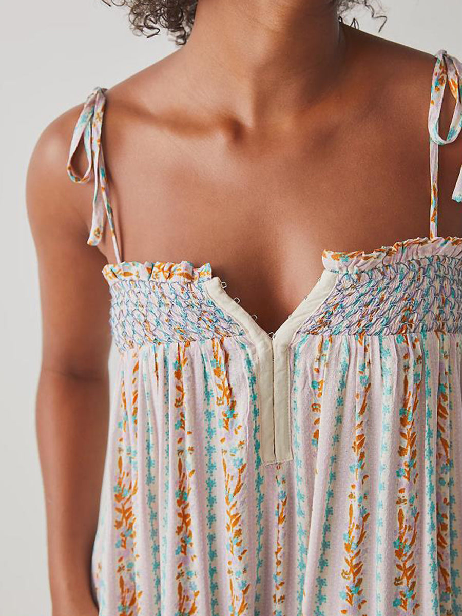 LIZAKOSHT  -  Women Summer Cami Jumpsuits Retro Floral Print Tie-Up Spaghetti Strap Sleeveless Long Rompers Fashion Loose Playsuits