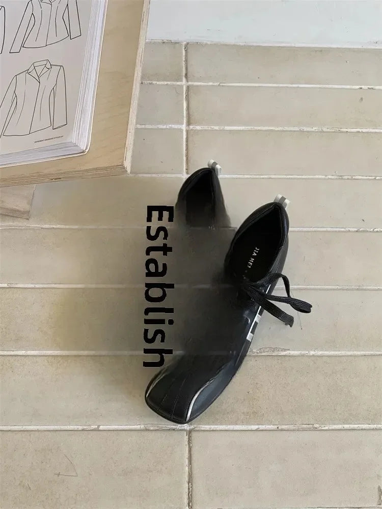 LIZAKOSHT  -   Korean Style Women's Ballet Slippers Spring New Design Sensibility Flat Bottom Tied Shoes Adult Color Block Style