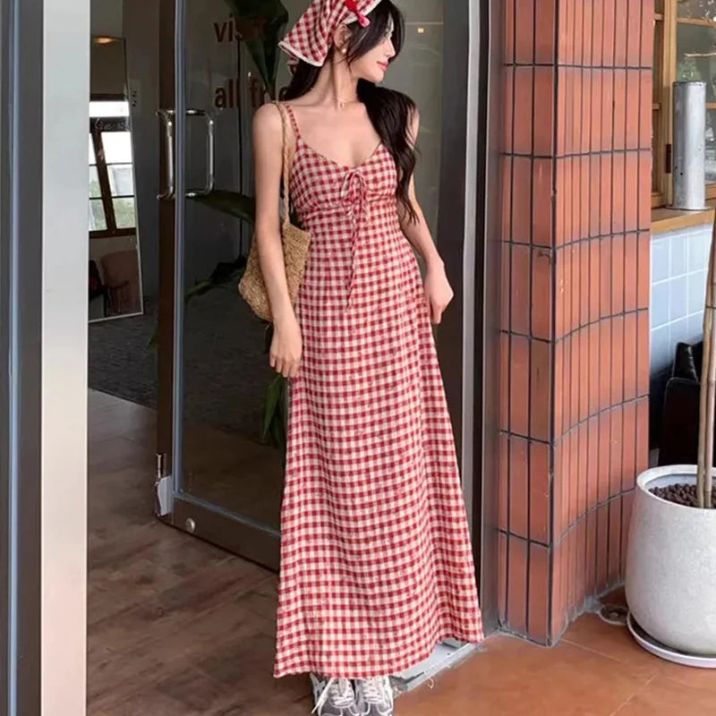 LIZAKOSHT  -  Sexy Backless Red Plaid Dress Women Summer Sweet Skinny Spaghetti Strap Dress Pretty Style Chic Elegant Party Night Vestidos