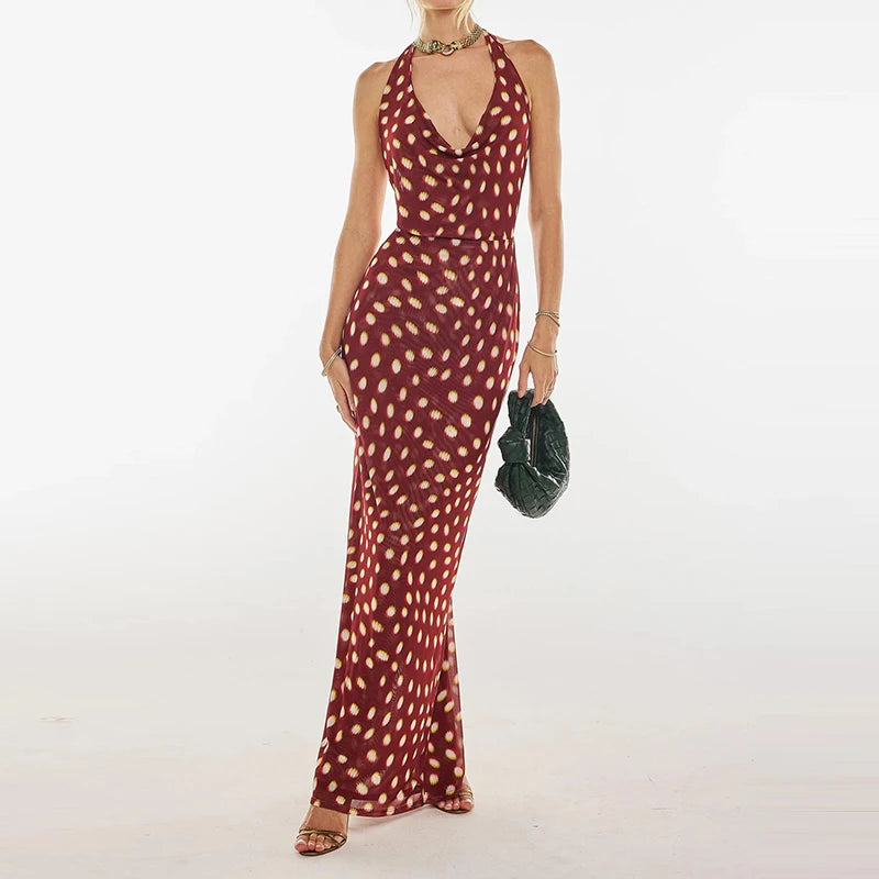 LIZAKOSHT  -  Fashion Hight Waist Lace-Up Wrap Hip Dress Sexy Halter Sleeveless Bohe Party Dress Women's Elegant Pattern Print Slim Long Dress