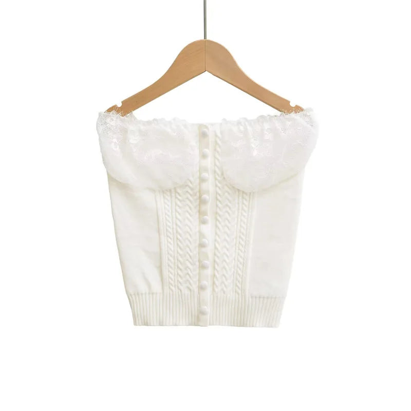LIZAKOSHT  -  Women Off The Shoulder Twist Lace Trimmed Button Knitted Strapless Top