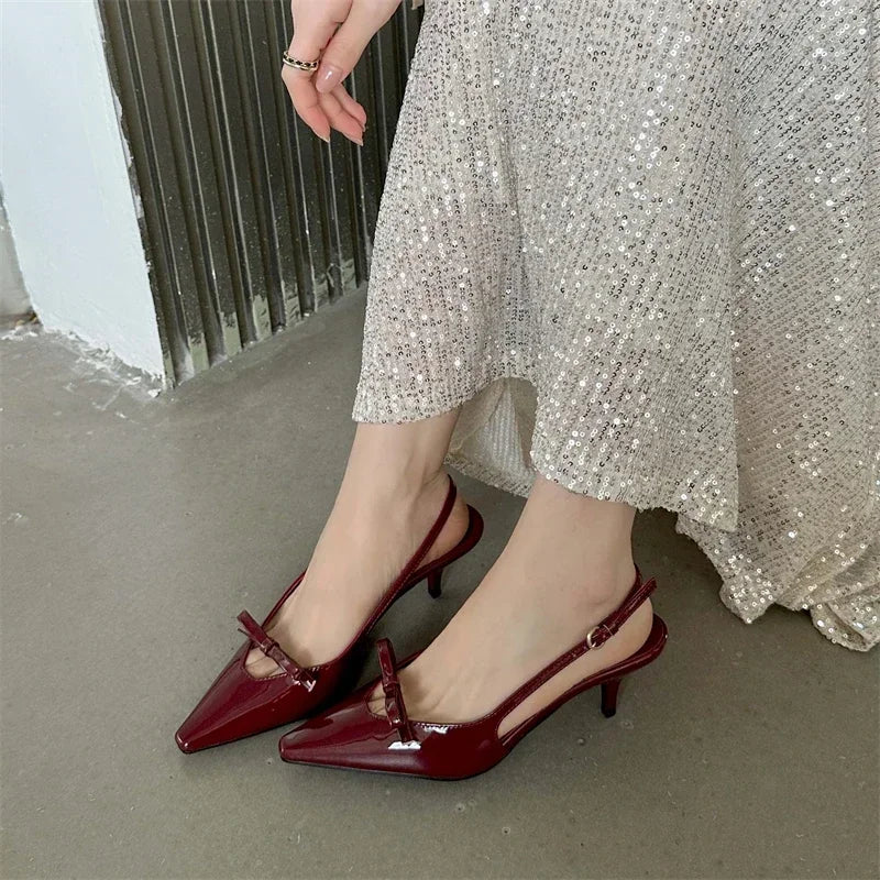 LIZAKOSHT  -  Patent Leather Bow Sandals Women Pumps Pointed Toe Low Heel Slingback Shoe Ladies Shallow Fashion Elegant High Heels Dress Shoes