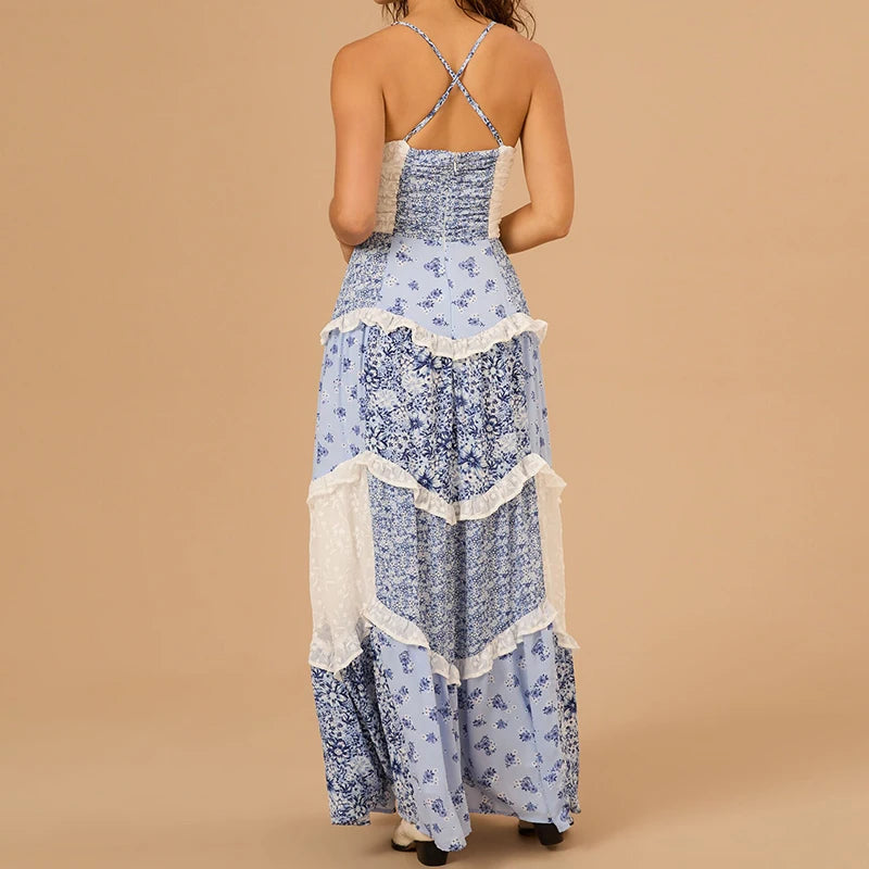 LIZAKOSHT  -  Women Floral Flowy Maxi Dress Boho Y2K Long Dress Spaghetti Strap V Neck Low Cut Ruffle Frill Tiered Beach Sundress