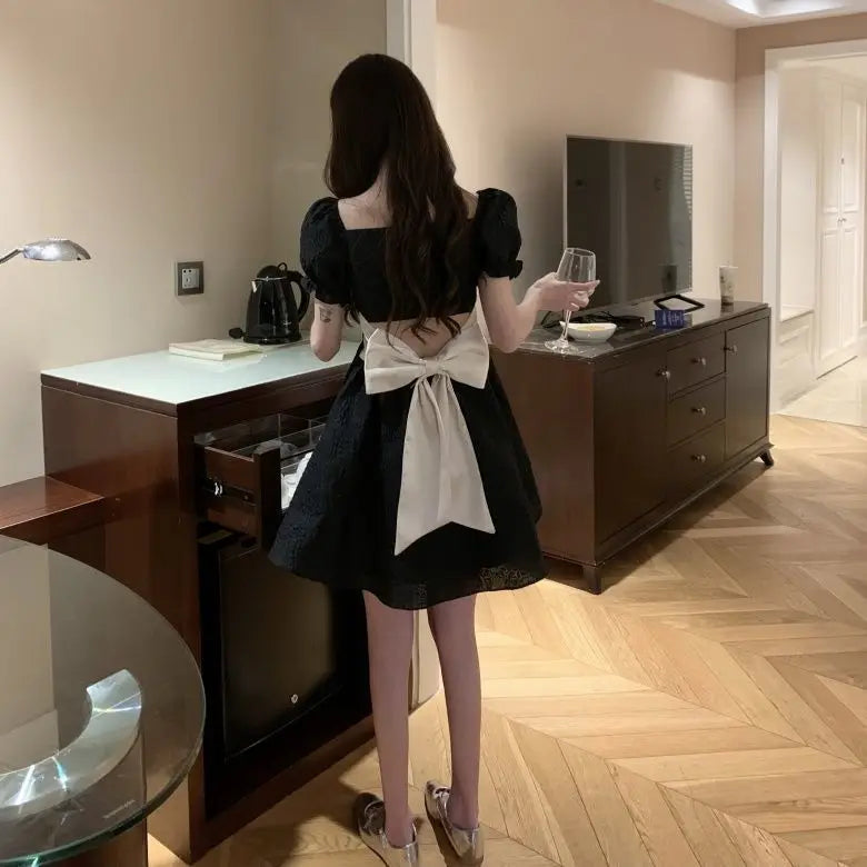 LIZAKOSHT  -  French Bubble Sleeved A-line Skirt For Womens Clothing 2024 Summer New Bow Short Sleeved Dress Female Square Neck Dresses